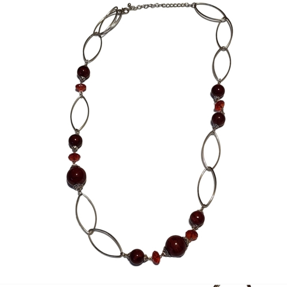 Beautiful silver and red beaded chain statement necklace 28-31"